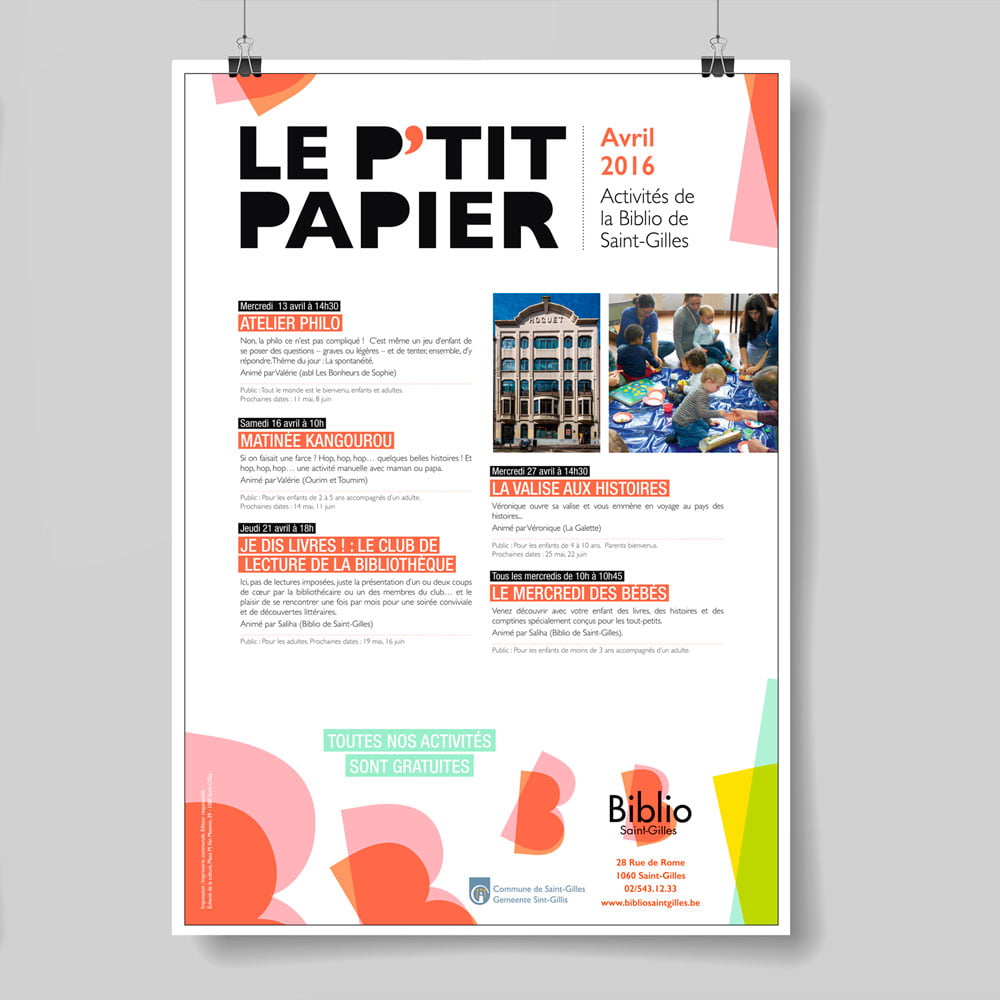 Graphisme identité visuelle Biblio Saint-Gilles | Affiche P'tit Papier | Piknik Graphic, Studio graphique Bruxelles