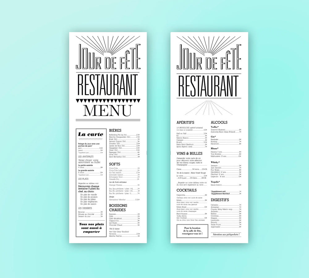 Graphisme/ identité visuelle du restaurant Jour de Fête - carte